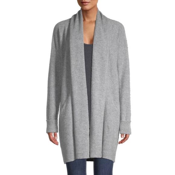 Saks Fifth Avenue Open Front 100% Cashmere Cardigan Sweater Long Gray L Pockets - Picture 1 of 7